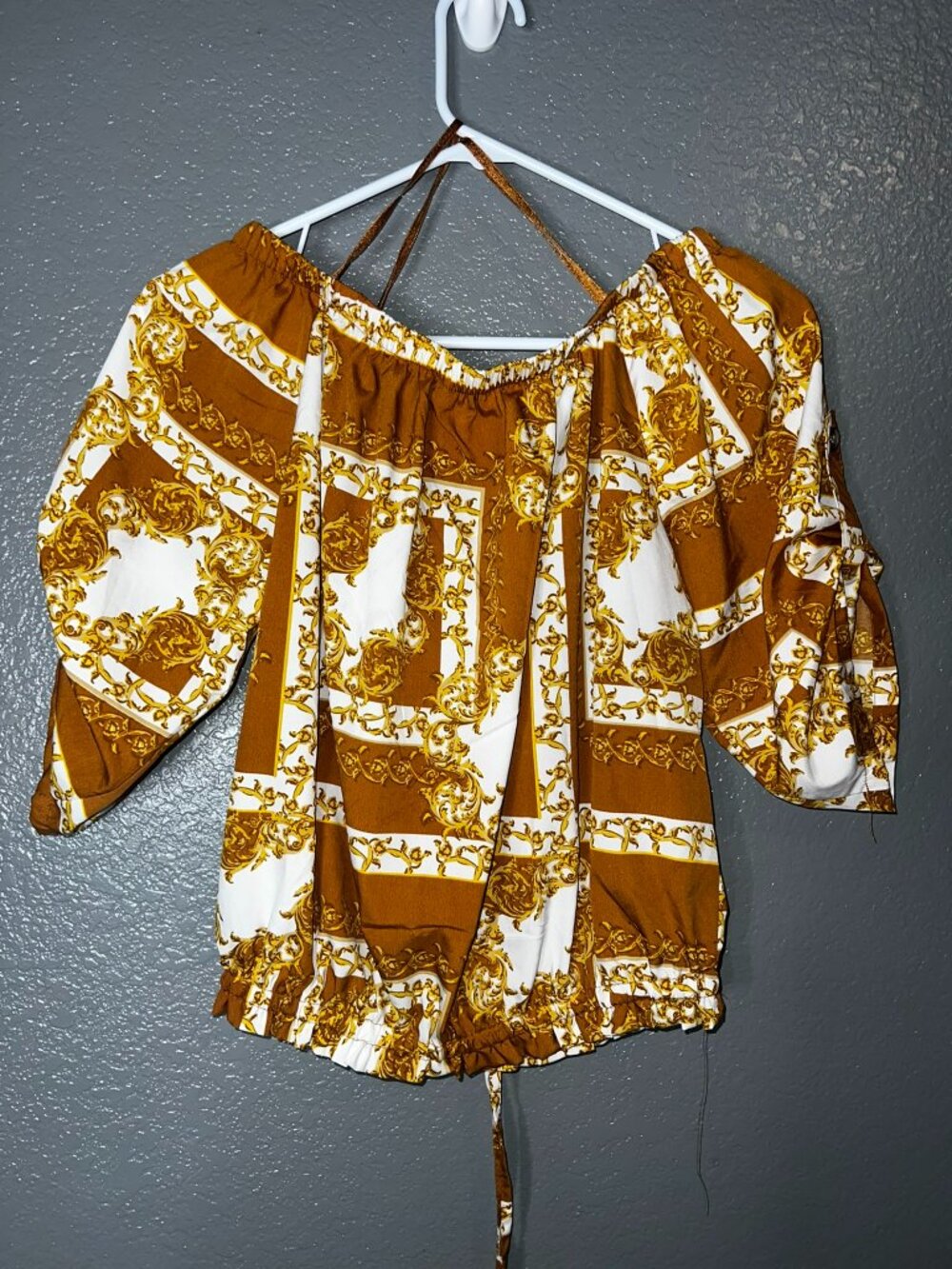 Per LIT Womens L Off Shoulder Brown Gold Baroque Blouse Top